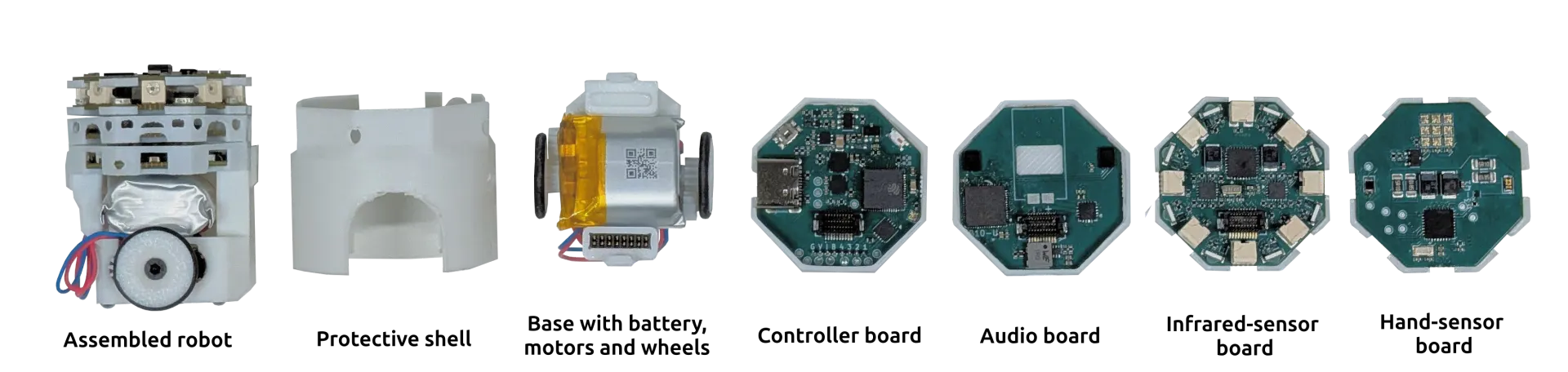 Seven parts of one robot side by side: assembled chassis, outer shell, base with battery and wheels, then the control, audio, infrared and top sensor boards.